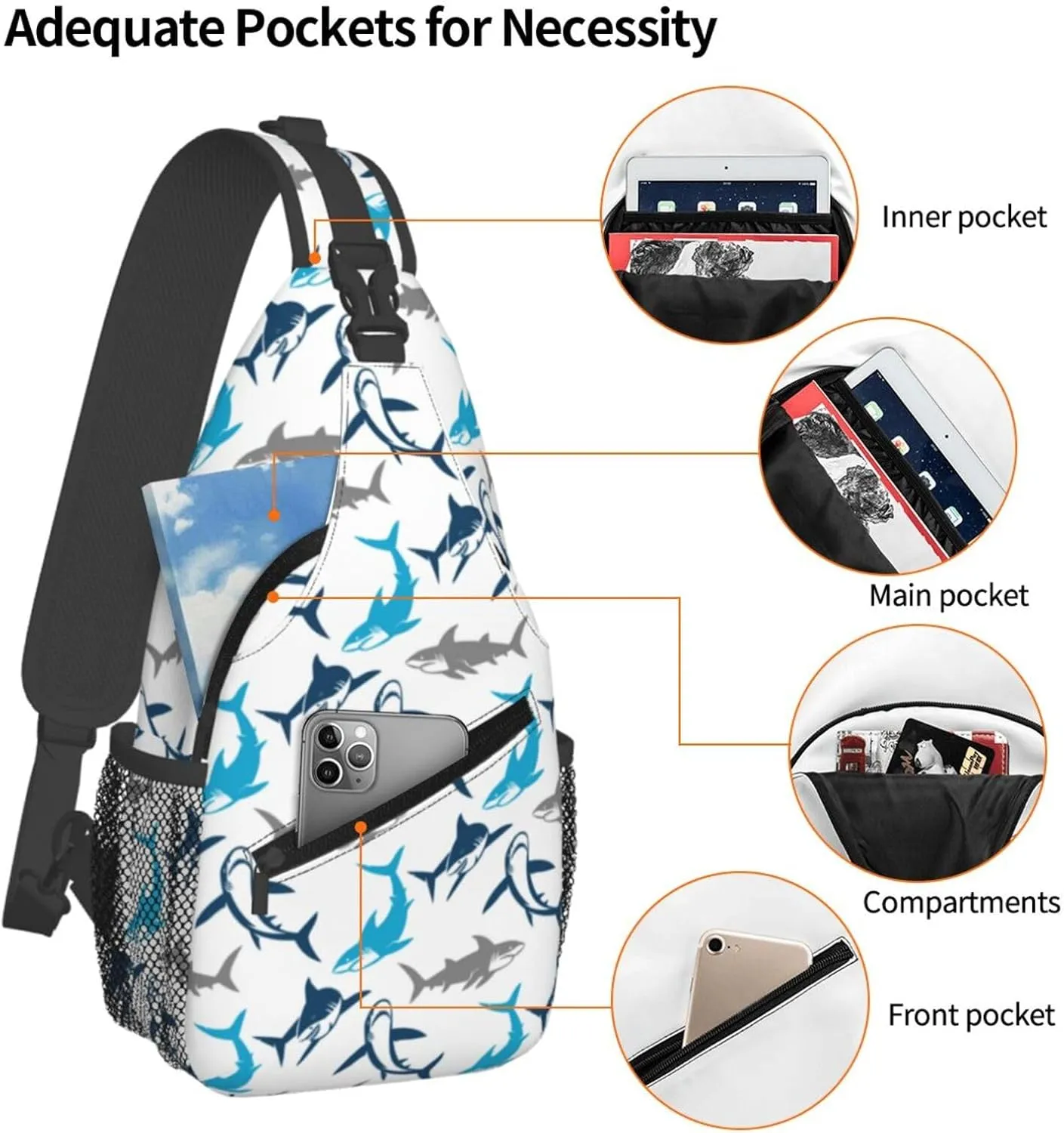 Shark Print Crossbody Sling Bags for Women Men Abstract Shark Silhouettes Swimming Sea Fish Travel Sling Backpack Casual Shoulder Bag Underwater Sea Animal Print Gym Sports Hiking Daypack