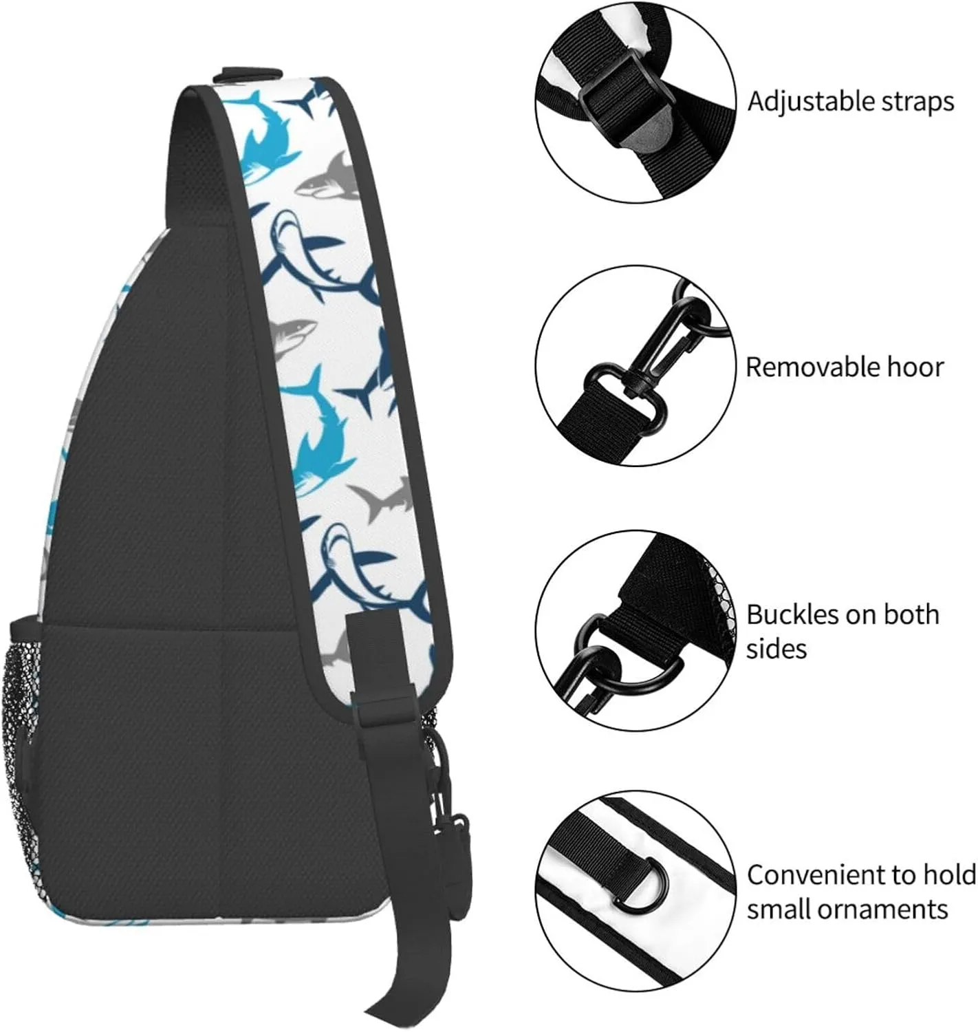 Shark Print Crossbody Sling Bags for Women Men Abstract Shark Silhouettes Swimming Sea Fish Travel Sling Backpack Casual Shoulder Bag Underwater Sea Animal Print Gym Sports Hiking Daypack