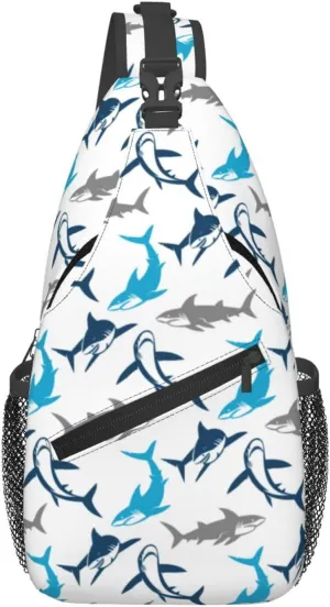 Shark Print Crossbody Sling Bags for Women Men Abstract Shark Silhouettes Swimming Sea Fish Travel Sling Backpack Casual Shoulder Bag Underwater Sea Animal Print Gym Sports Hiking Daypack
