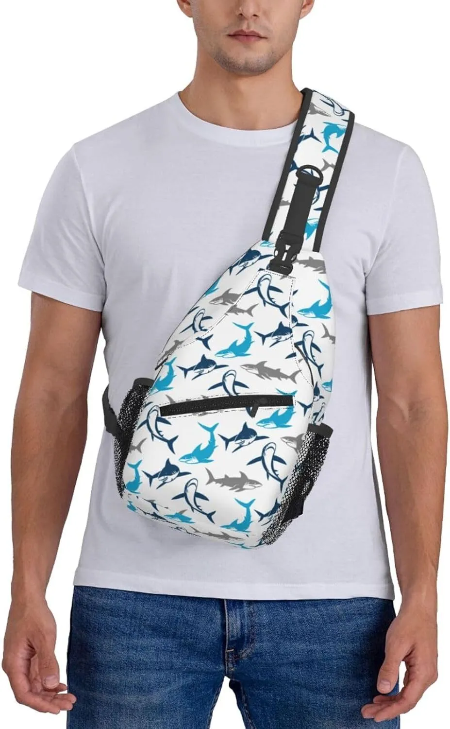 Shark Print Crossbody Sling Bags for Women Men Abstract Shark Silhouettes Swimming Sea Fish Travel Sling Backpack Casual Shoulder Bag Underwater Sea Animal Print Gym Sports Hiking Daypack
