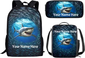 Showudesigns Add Your Name Shark Print Student School Bag Set with 17inch Backpack/Lunch Bag/Pencil Bag Cute School Supplies Aesthetic Personalized Mochila Para Niñas