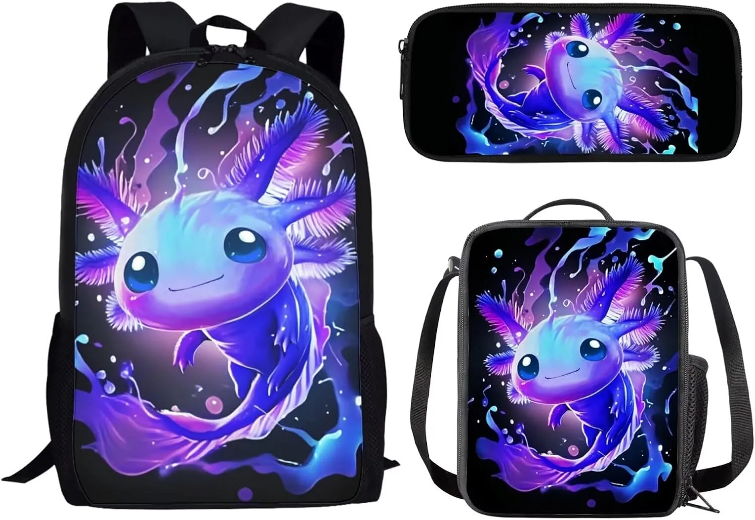 Showudesigns Blue Axolotl Backpack for Girls Boys 4-8 8-12 Elementary Bookbag with Lunch Box Pencil Case Middle Preschool School Bag Packs for Kids Daypack Back To School Daycare Satchel Rucksack