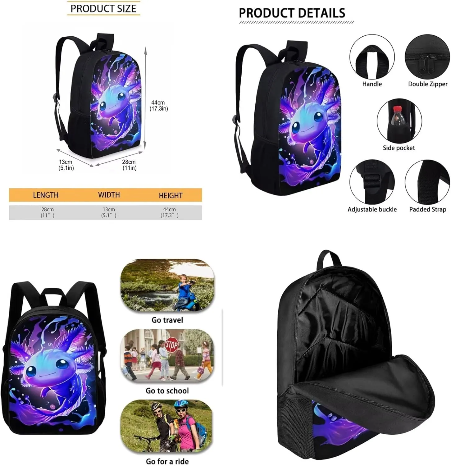 Showudesigns Blue Axolotl Backpack for Girls Boys 4-8 8-12 Elementary Bookbag with Lunch Box Pencil Case Middle Preschool School Bag Packs for Kids Daypack Back To School Daycare Satchel Rucksack
