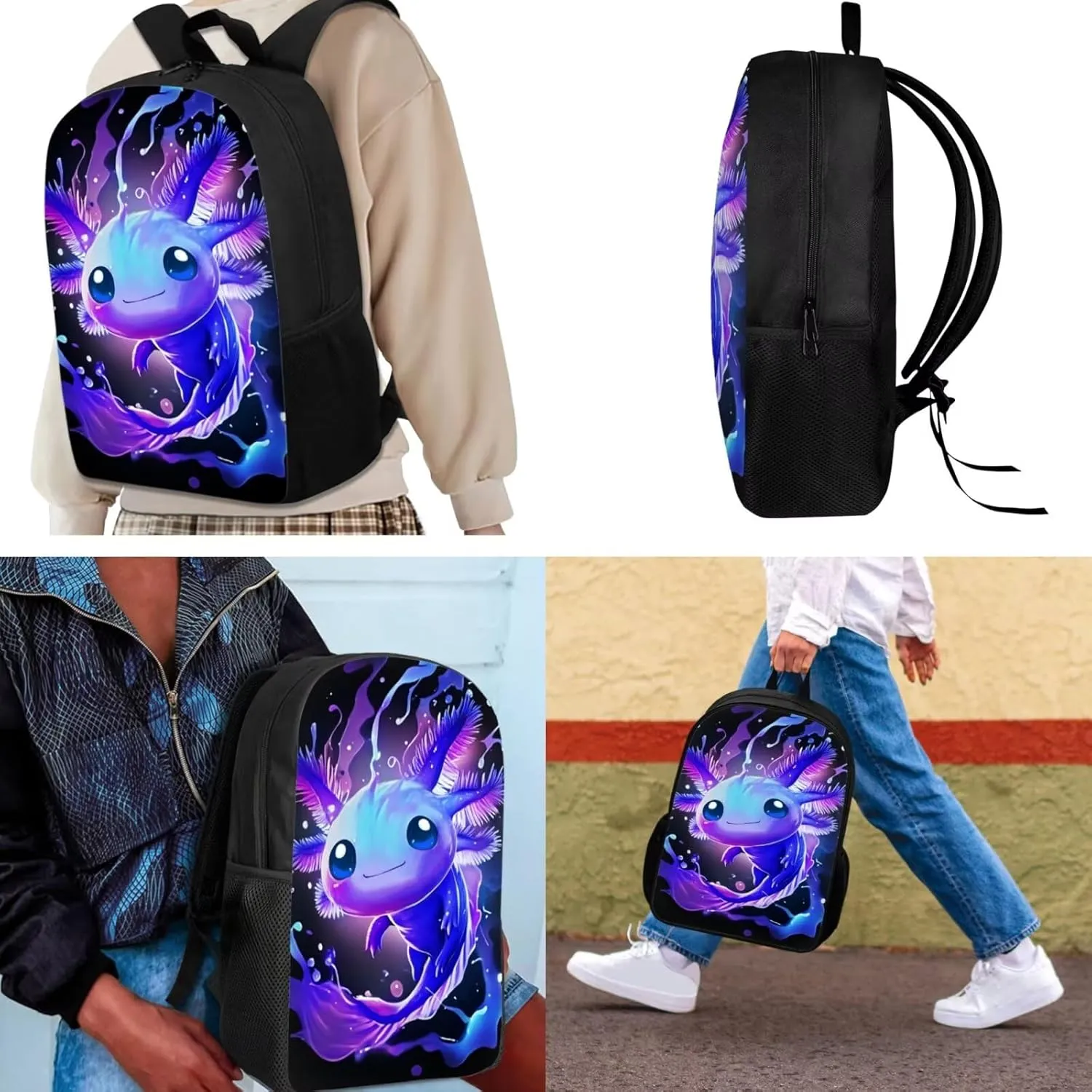 Showudesigns Blue Axolotl Backpack for Girls Boys 4-8 8-12 Elementary Bookbag with Lunch Box Pencil Case Middle Preschool School Bag Packs for Kids Daypack Back To School Daycare Satchel Rucksack