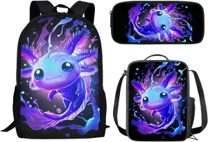 Showudesigns Blue Axolotl Backpack for Girls Boys 4-8 8-12 Elementary Bookbag with Lunch Box Pencil Case Middle Preschool School Bag Packs for Kids Daypack Back To School Daycare Satchel Rucksack
