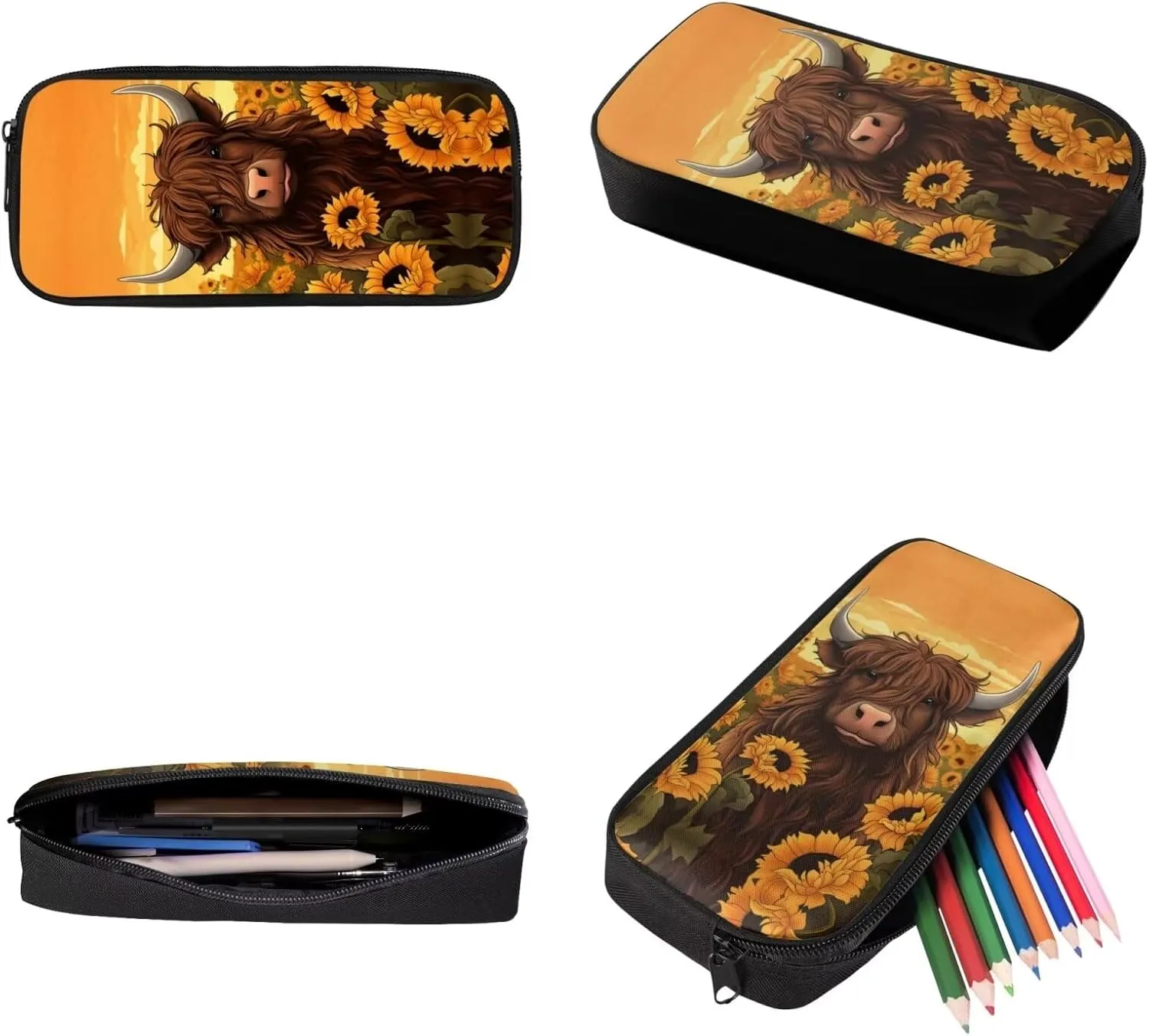 Showudesigns Highland Cattle Backpack Set for Teen Girls 8-10/10-12 Boys School Bag With Lunch Bag Pencil Case Sunflower Kids Bookbag Middle Primary School Book Bags 4Th/5Th/6Th Grade Causal Daypack