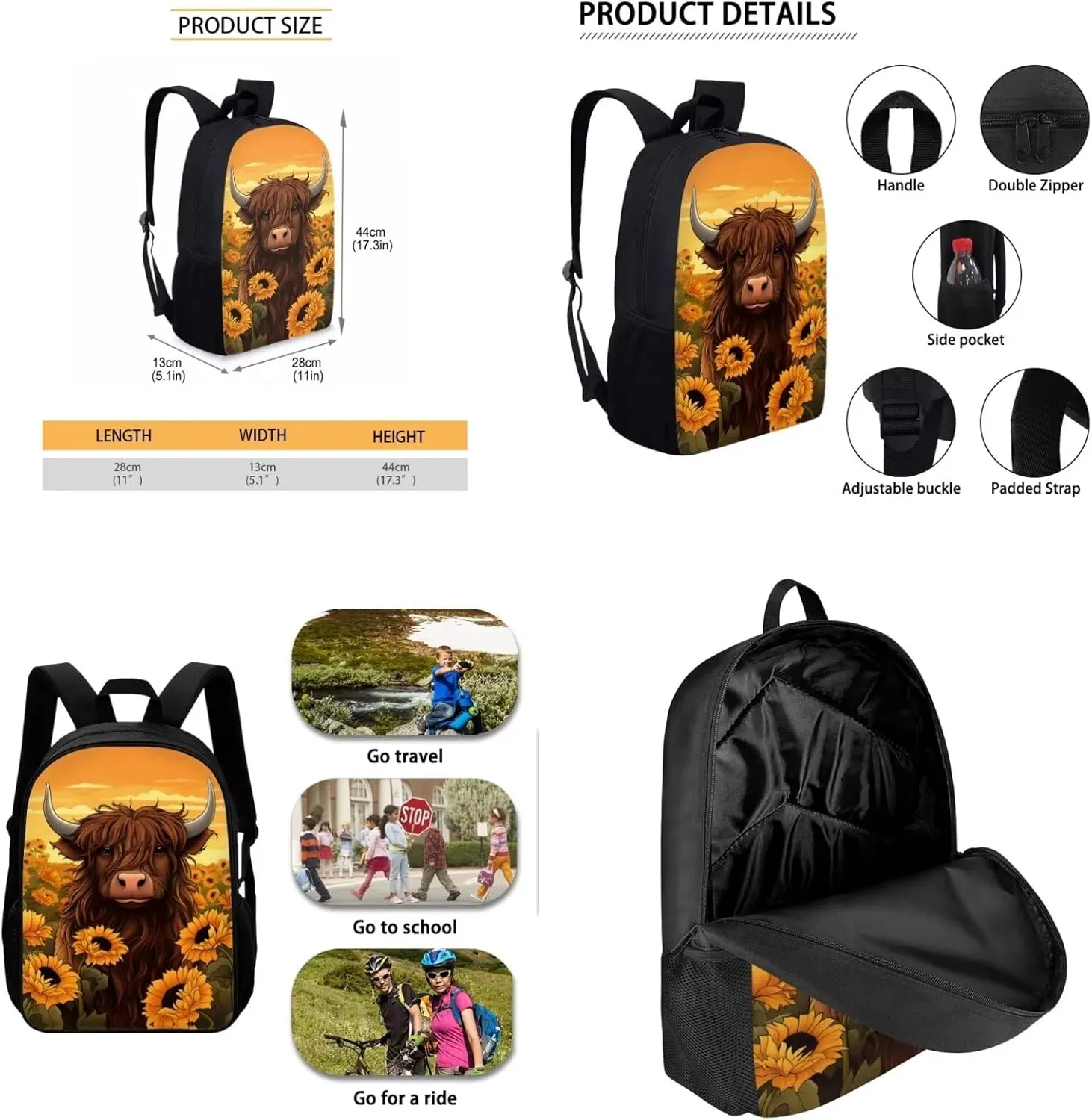 Showudesigns Highland Cattle Backpack Set for Teen Girls 8-10/10-12 Boys School Bag With Lunch Bag Pencil Case Sunflower Kids Bookbag Middle Primary School Book Bags 4Th/5Th/6Th Grade Causal Daypack