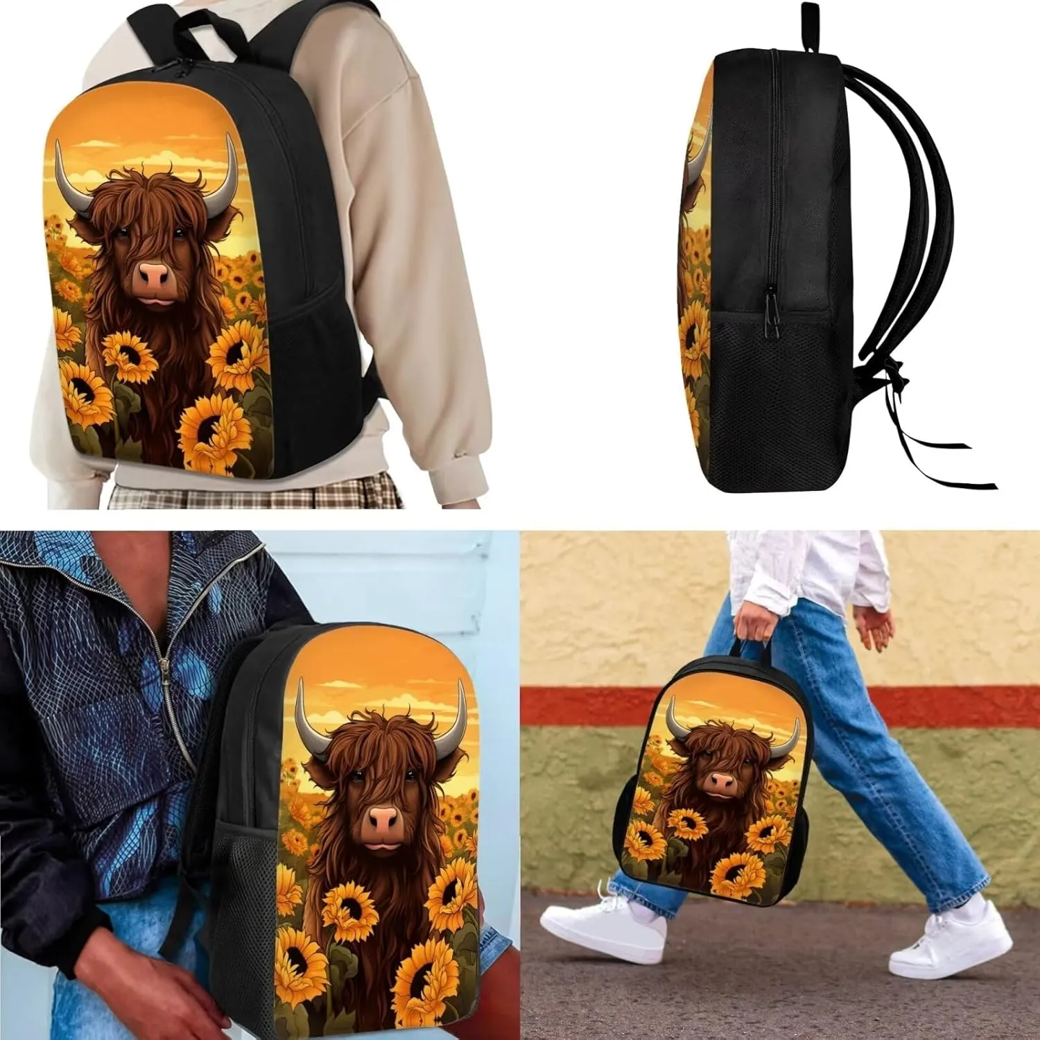 Showudesigns Highland Cattle Backpack Set for Teen Girls 8-10/10-12 Boys School Bag With Lunch Bag Pencil Case Sunflower Kids Bookbag Middle Primary School Book Bags 4Th/5Th/6Th Grade Causal Daypack