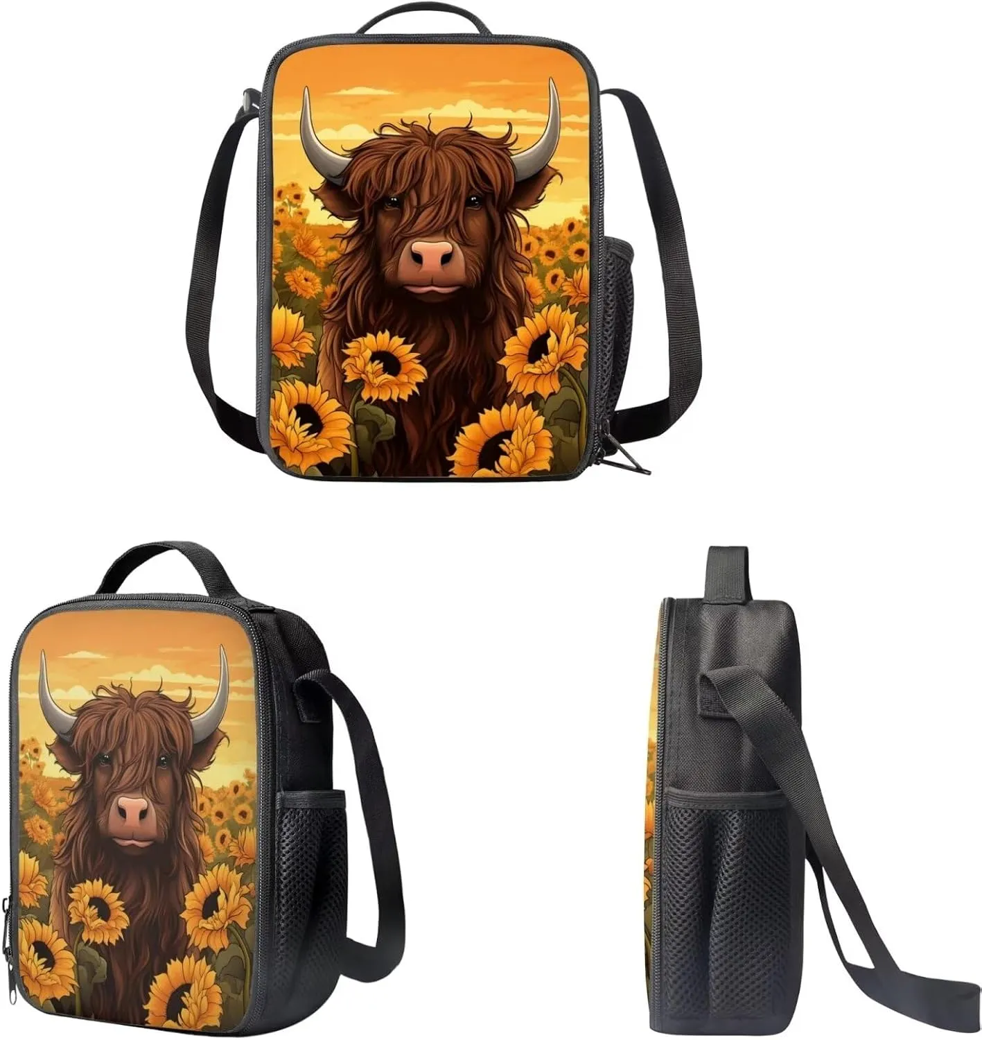 Showudesigns Highland Cattle Backpack Set for Teen Girls 8-10/10-12 Boys School Bag With Lunch Bag Pencil Case Sunflower Kids Bookbag Middle Primary School Book Bags 4Th/5Th/6Th Grade Causal Daypack