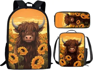 Showudesigns Highland Cattle Backpack Set for Teen Girls 8-10/10-12 Boys School Bag With Lunch Bag Pencil Case Sunflower Kids Bookbag Middle Primary School Book Bags 4Th/5Th/6Th Grade Causal Daypack