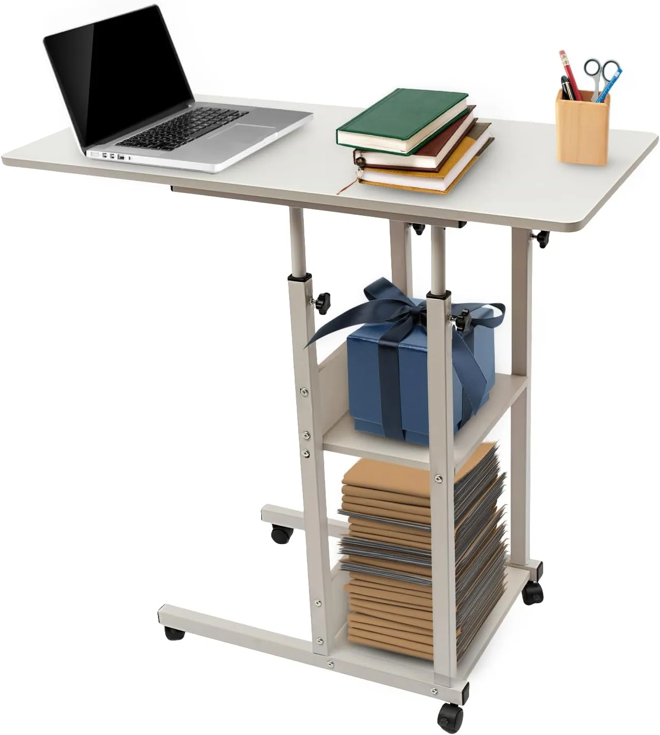 Side Table,Adjustable,Height Adjustable C Table with Wheels and Storage Shelves for Couch Bed Recliner,Sofa Tray Table for Couch Arm,with Wheels,for Offices,Workshops,White