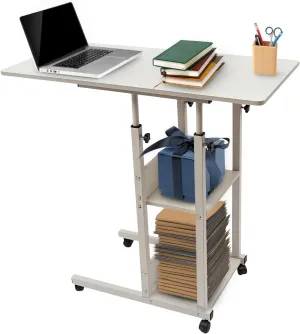 Side Table,Adjustable,Height Adjustable C Table with Wheels and Storage Shelves for Couch Bed Recliner,Sofa Tray Table for Couch Arm,with Wheels,for Offices,Workshops,White