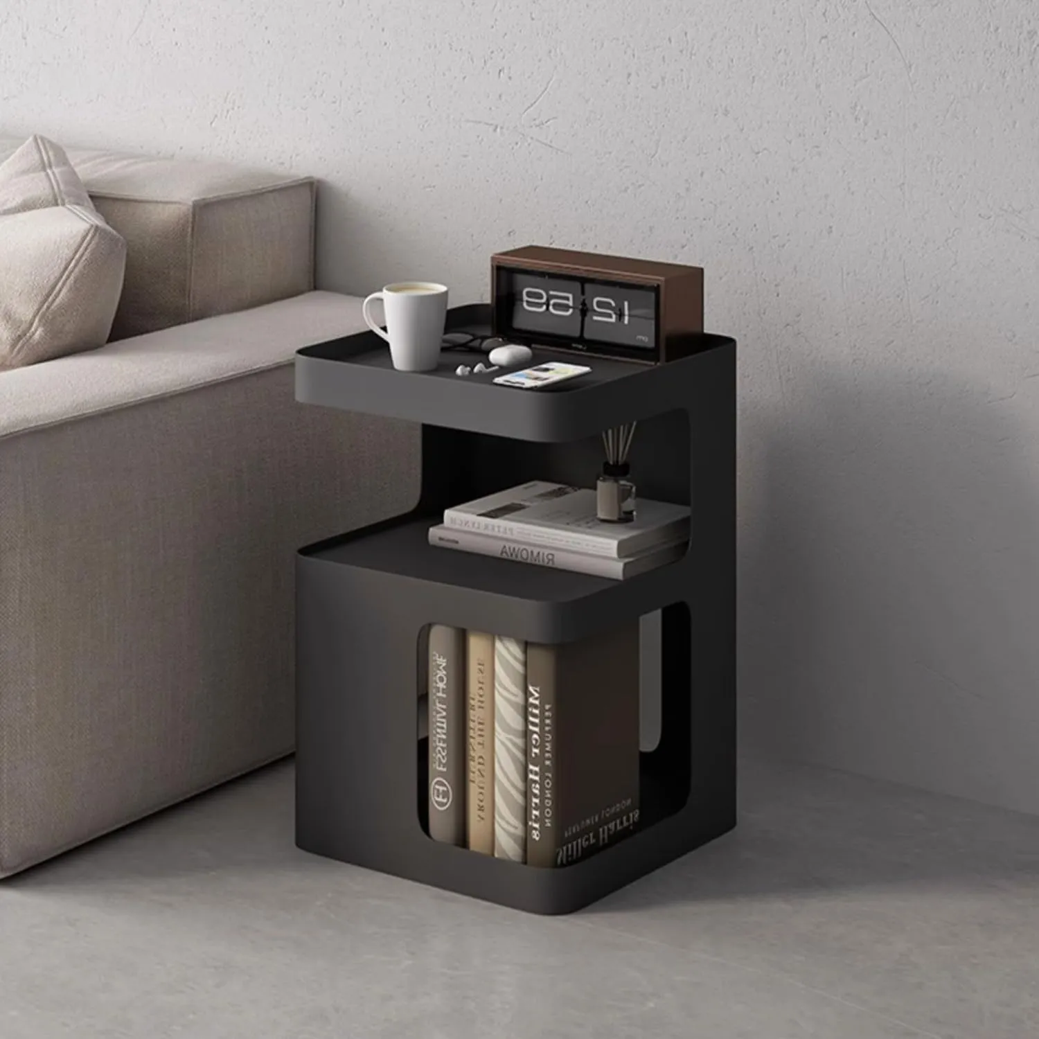 Side Table,Modern end Table,Metal Black nightstand,Bedside Table,3-Tier Accent Table with Storage for Bedroom,Living Room,Small Space,Couch.No Assembly Required