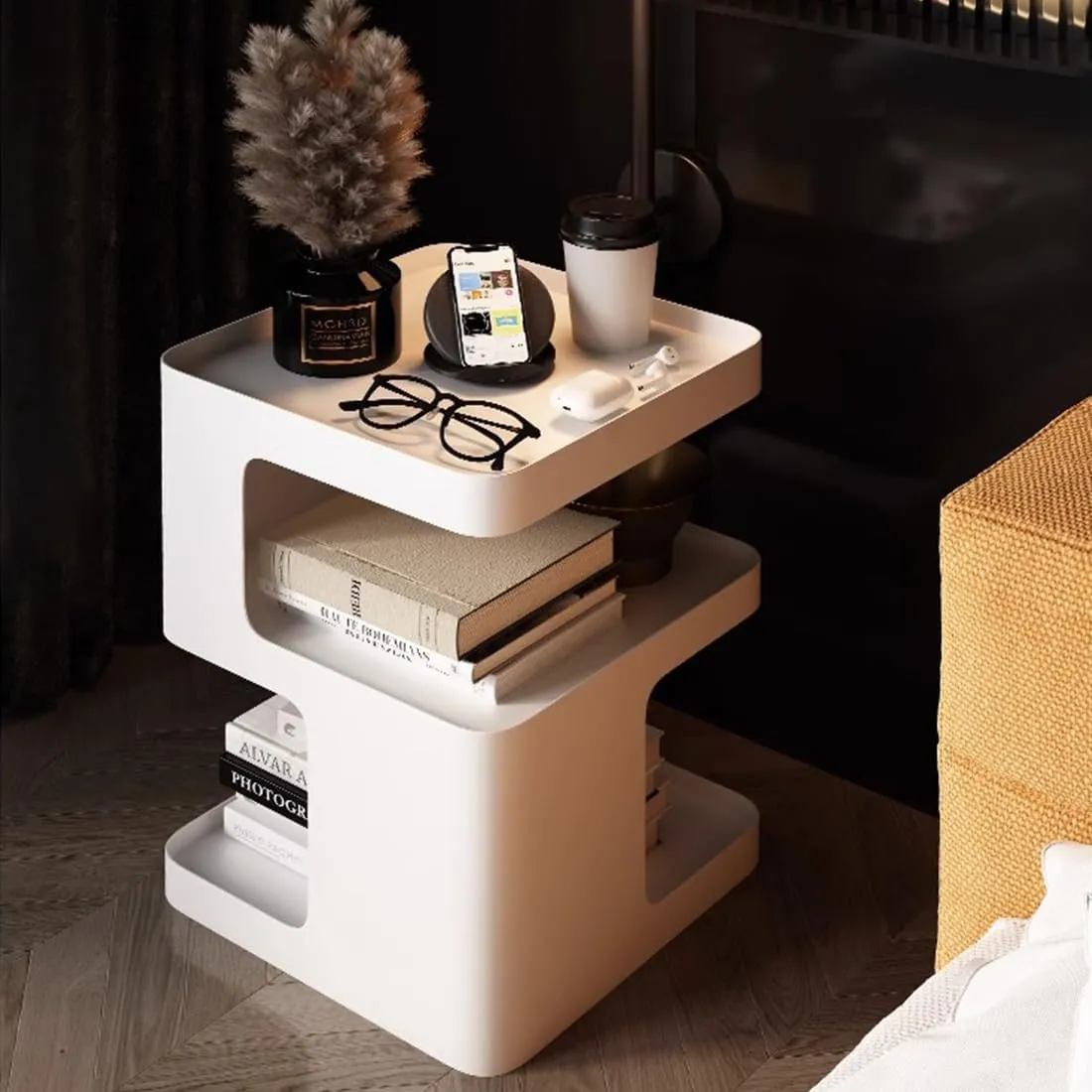 Side Table,Modern end Table,Metal nightstand,Bedside Table,3-Tier Accent Table with Storage for Bedroom,Living Room,Small Space,Couch.No Assembly Required