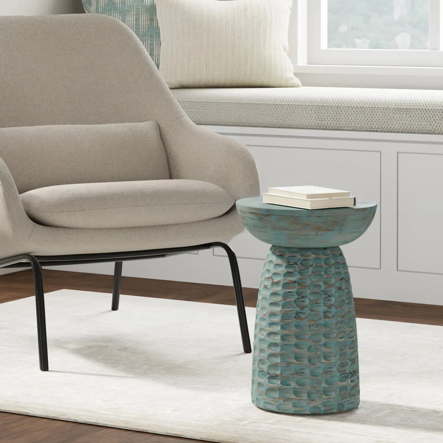 SIMPLIHOME Boyd 13-inch Wide Solid Mango End Table in Teal Wash, Contemporary-Style Accent Table for Living Room, Bedroom, or Family Room, Assembled