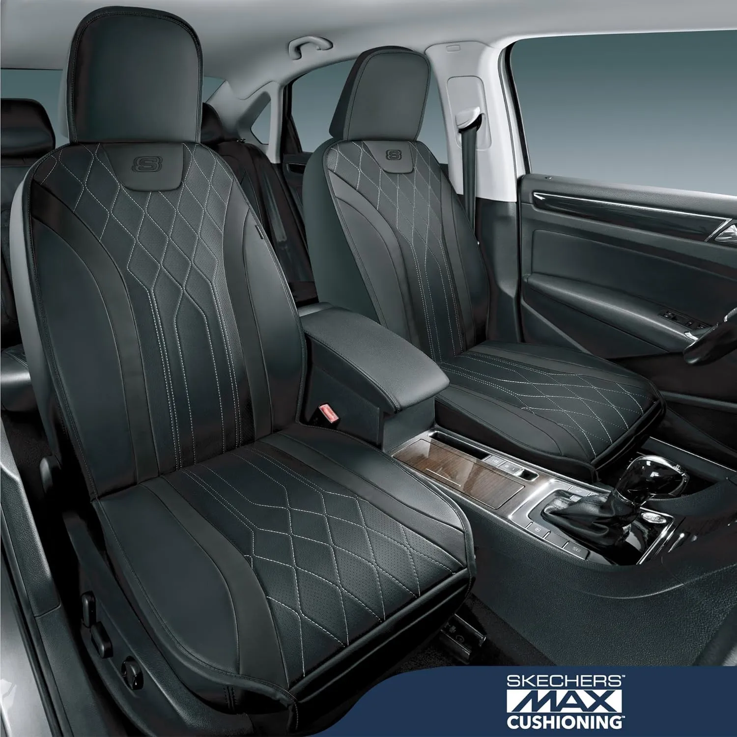 Skechers MAX Cushioning Car Seat Covers,Memory Foam Leather Car Seat Protectors, Airbag Safe Waterproof Sideless Front Seat Covers with Storage Pocket,Universal Fit for Cars Trucks SUV, Black 2PCS