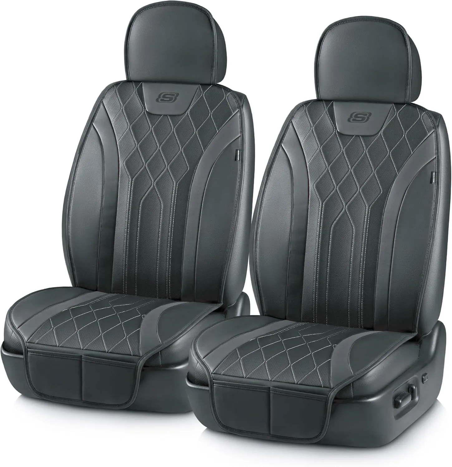 Skechers MAX Cushioning Car Seat Covers,Memory Foam Leather Car Seat Protectors, Airbag Safe Waterproof Sideless Front Seat Covers with Storage Pocket,Universal Fit for Cars Trucks SUV, Black 2PCS