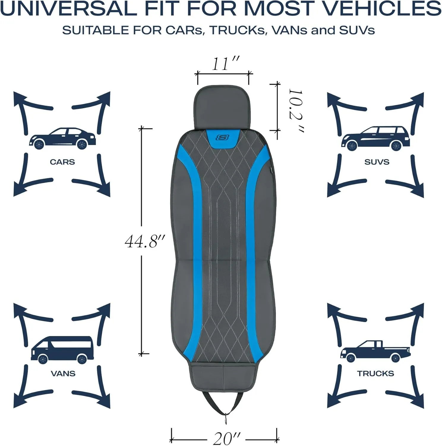 Skechers MAX Cushioning Car Seat Covers,Memory Foam Leather Car Seat Protectors, Airbag Safe Waterproof Sideless Front Seat Covers with Storage Pocket,Universal Fit for Cars Trucks SUV, Blue 2PCS