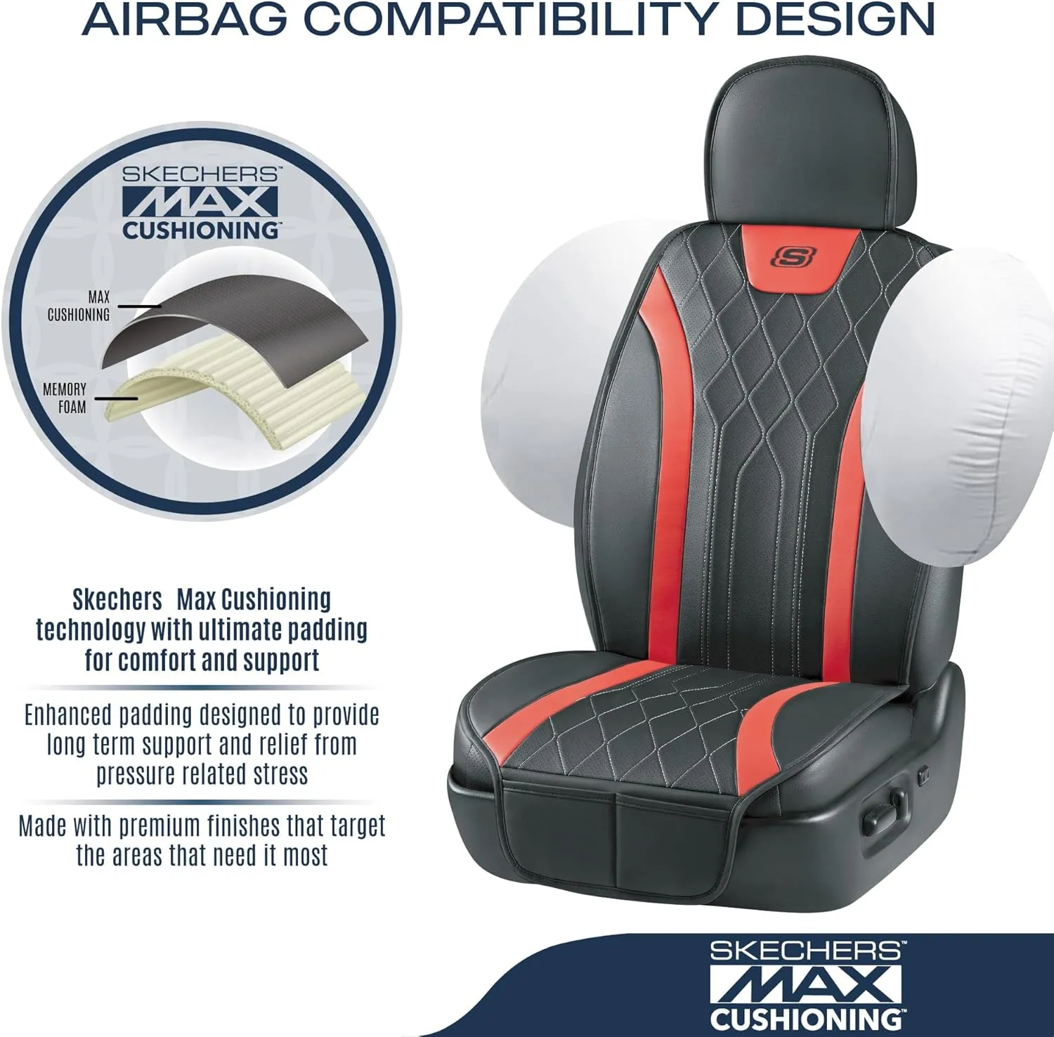 Skechers MAX Cushioning Car Seat Covers,Memory Foam Leather Car Seat Protectors, Airbag Safe Waterproof Sideless Front Seat Covers with Storage Pocket,Universal Fit for Cars Trucks SUV, Red 2PCS