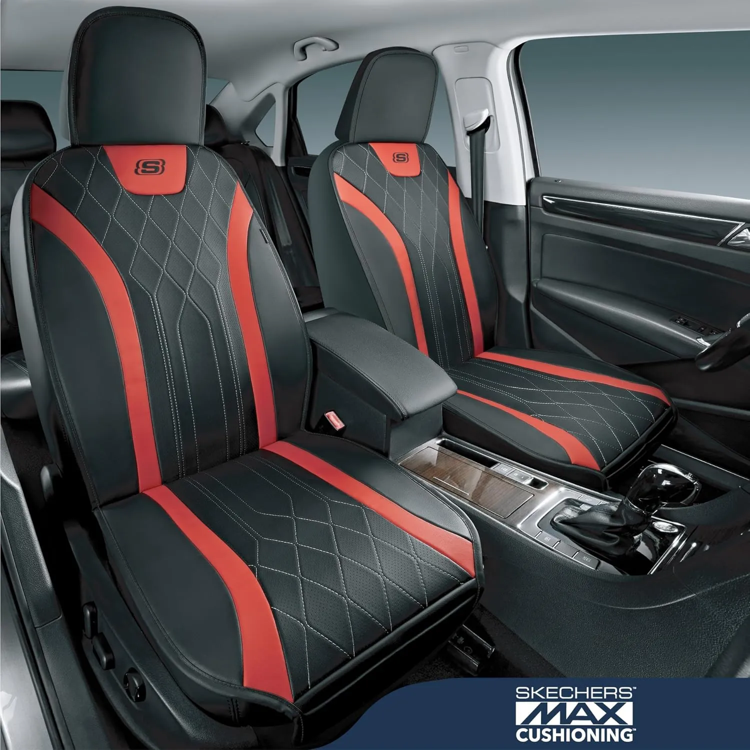 Skechers MAX Cushioning Car Seat Covers,Memory Foam Leather Car Seat Protectors, Airbag Safe Waterproof Sideless Front Seat Covers with Storage Pocket,Universal Fit for Cars Trucks SUV, Red 2PCS