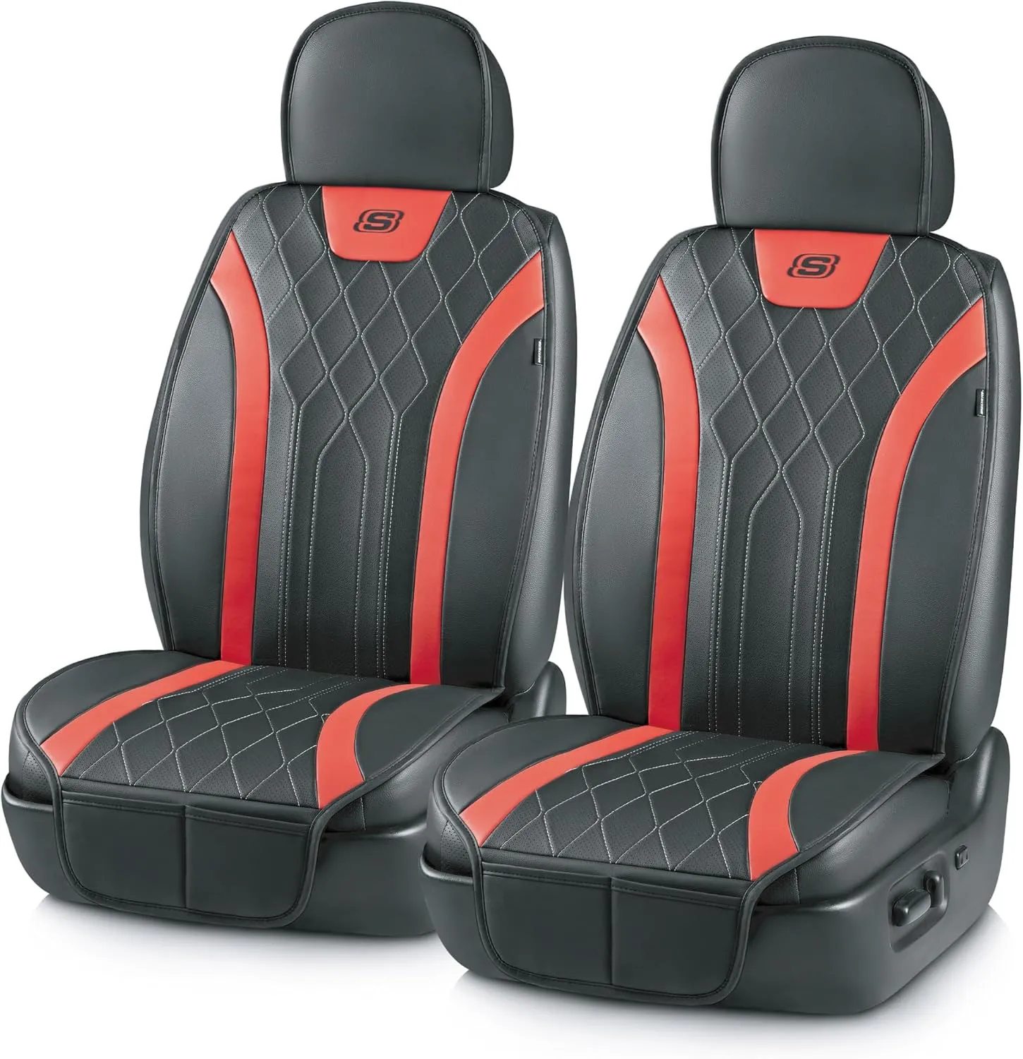 Skechers MAX Cushioning Car Seat Covers,Memory Foam Leather Car Seat Protectors, Airbag Safe Waterproof Sideless Front Seat Covers with Storage Pocket,Universal Fit for Cars Trucks SUV, Red 2PCS