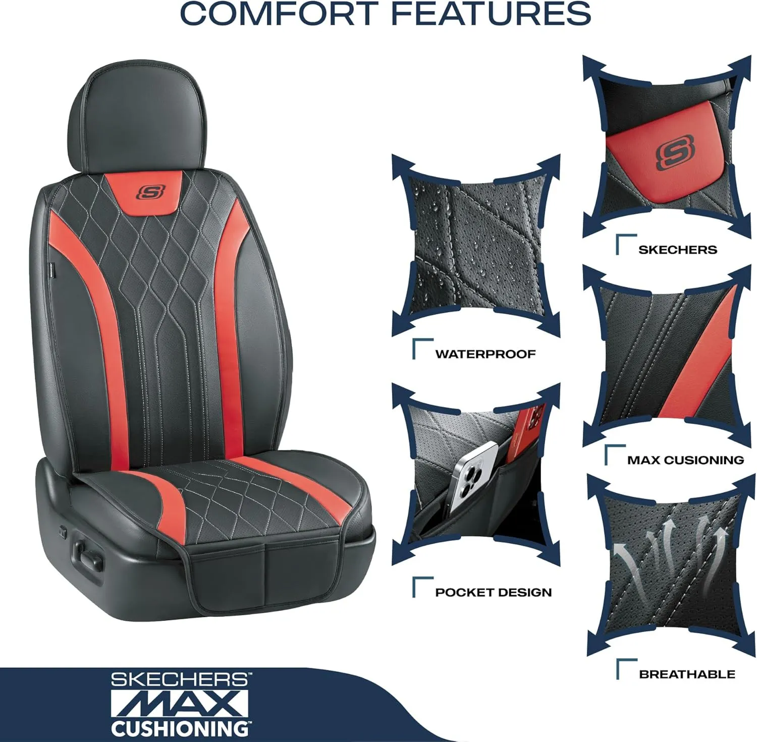 Skechers MAX Cushioning Car Seat Covers,Memory Foam Leather Car Seat Protectors, Airbag Safe Waterproof Sideless Front Seat Covers with Storage Pocket,Universal Fit for Cars Trucks SUV, Red 2PCS