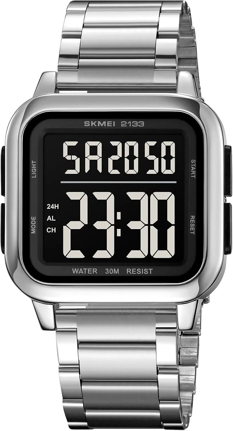 SKMEI Men's Digital Watch with EL Light, 30M Waterproof Sports Watch, Stylish Square Dial Watch for Men Dual Time Zone Function