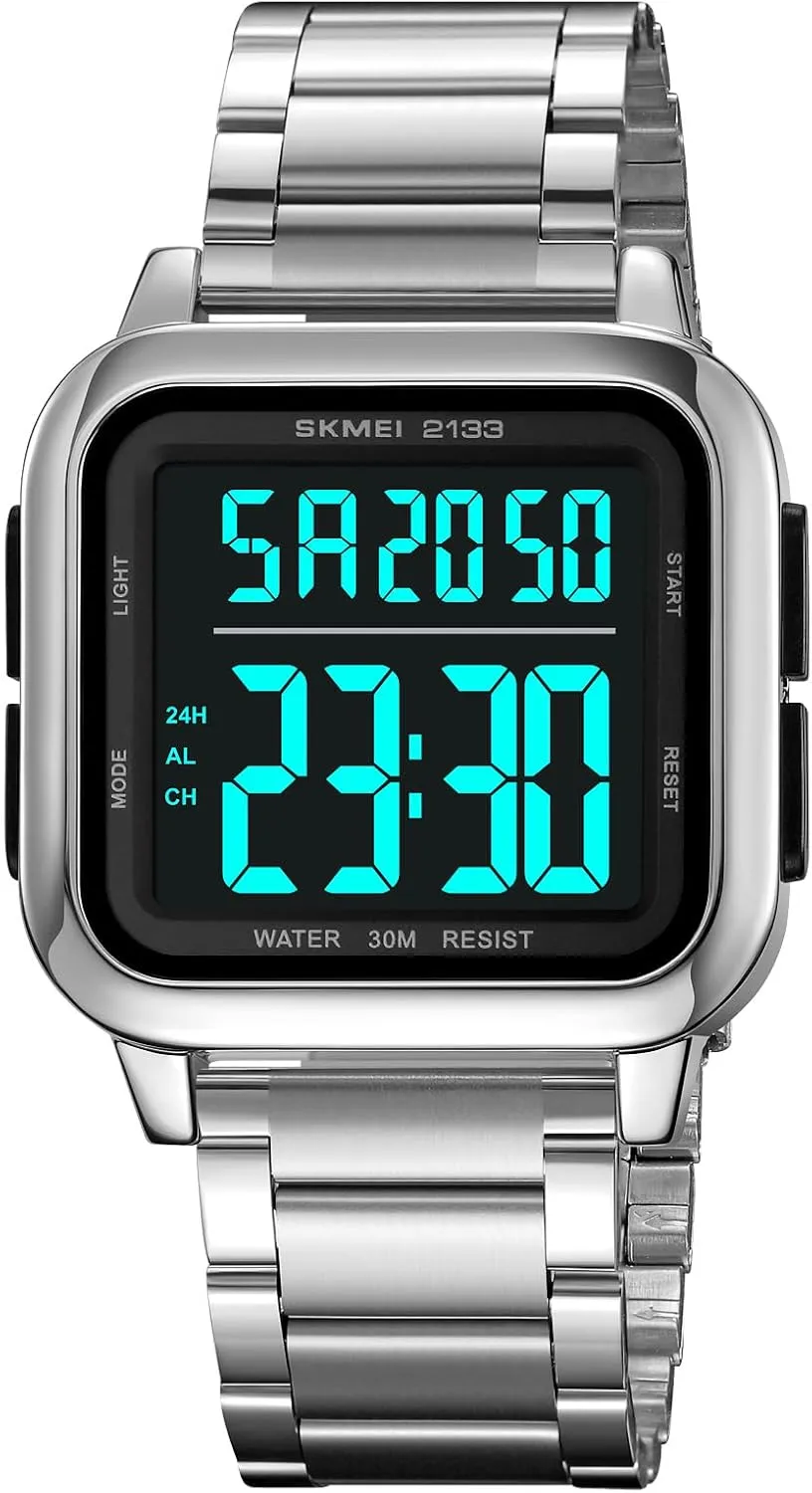 SKMEI Men's Digital Watch with EL Light, 30M Waterproof Sports Watch, Stylish Square Dial Watch for Men Dual Time Zone Function
