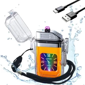 SKRFIRE Clear Waterproof Electric Lighter Rechargeable Plasma Double Arc Lighter Outdoor Windproof Flameless Lighter for Camping, Adventure, Survival (Orange)