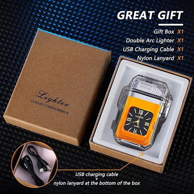 SKRFIRE Clear Waterproof Electric Lighter Rechargeable Plasma Double Arc Lighter Outdoor Windproof Flameless Lighter for Camping, Adventure, Survival (Orange)