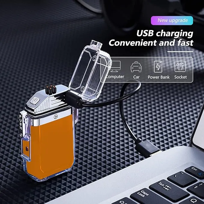 SKRFIRE Clear Waterproof Electric Lighter Rechargeable Plasma Double Arc Lighter Outdoor Windproof Flameless Lighter for Camping, Adventure, Survival (Orange)