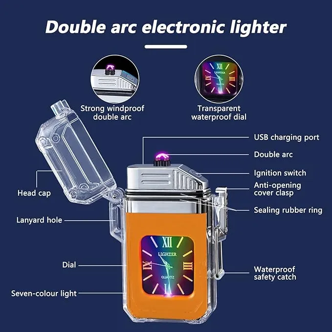 SKRFIRE Clear Waterproof Electric Lighter Rechargeable Plasma Double Arc Lighter Outdoor Windproof Flameless Lighter for Camping, Adventure, Survival (Orange)