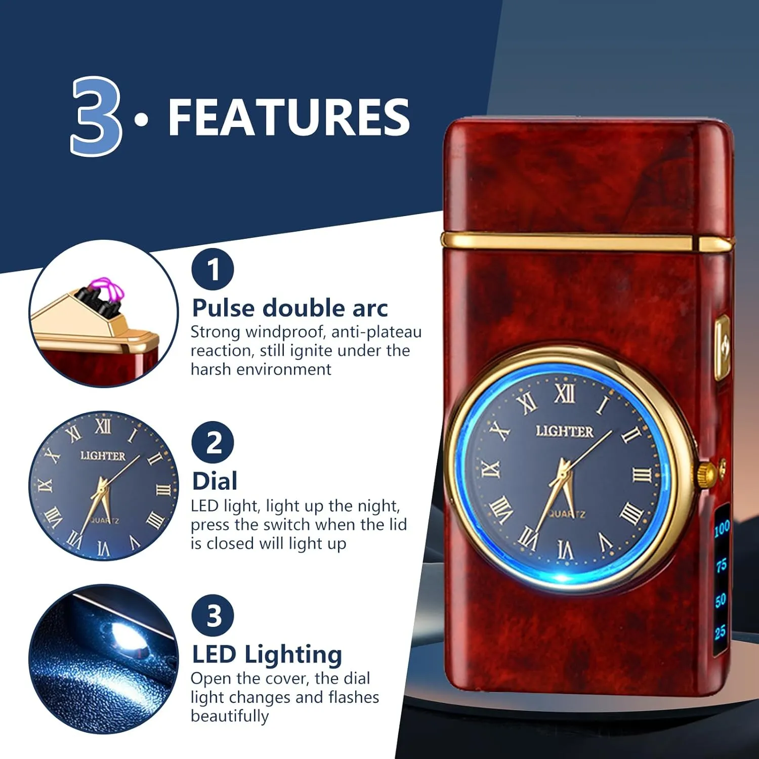 SKRFIRE Electric Lighter Double Arc Plasma Lighter, Rechargeable Lighter with Battery Display Indication Cool Lighter Revolve with Gift Box for Friends, Family, Candles(red), 0.1