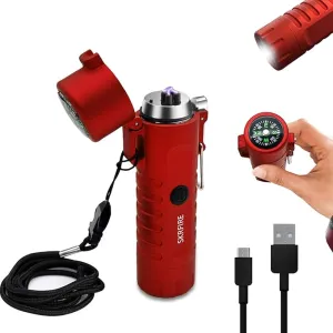 SKRFIRE Outdoor Compass Lighter Windproof Double Arc Electric Lighter Rechargeable Lighter Flashlight Lighter Waterproof Plasma Lighter with Lanyard for Camping, Hiking, Travel (Red)