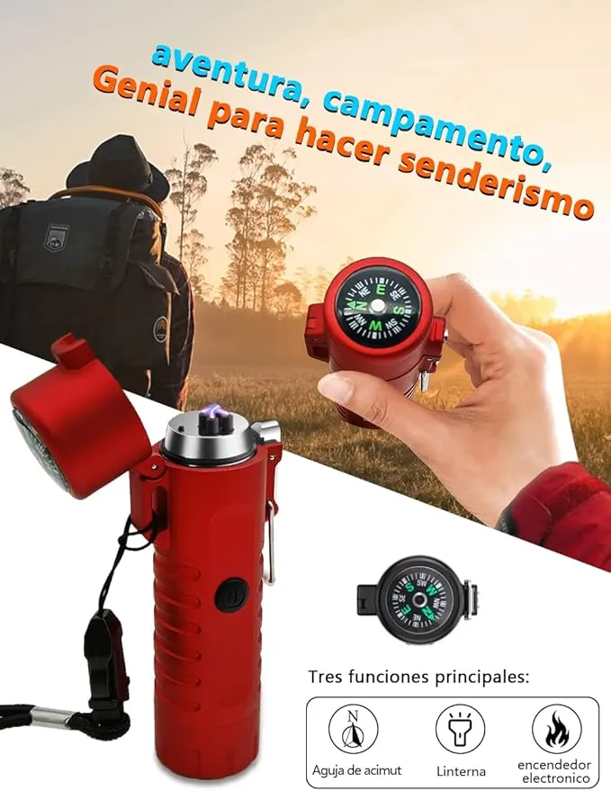 SKRFIRE Outdoor Compass Lighter Windproof Double Arc Electric Lighter Rechargeable Lighter Flashlight Lighter Waterproof Plasma Lighter with Lanyard for Camping, Hiking, Travel (Red)