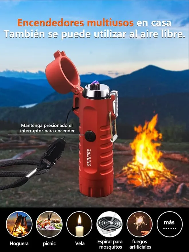 SKRFIRE Outdoor Compass Lighter Windproof Double Arc Electric Lighter Rechargeable Lighter Flashlight Lighter Waterproof Plasma Lighter with Lanyard for Camping, Hiking, Travel (Red)