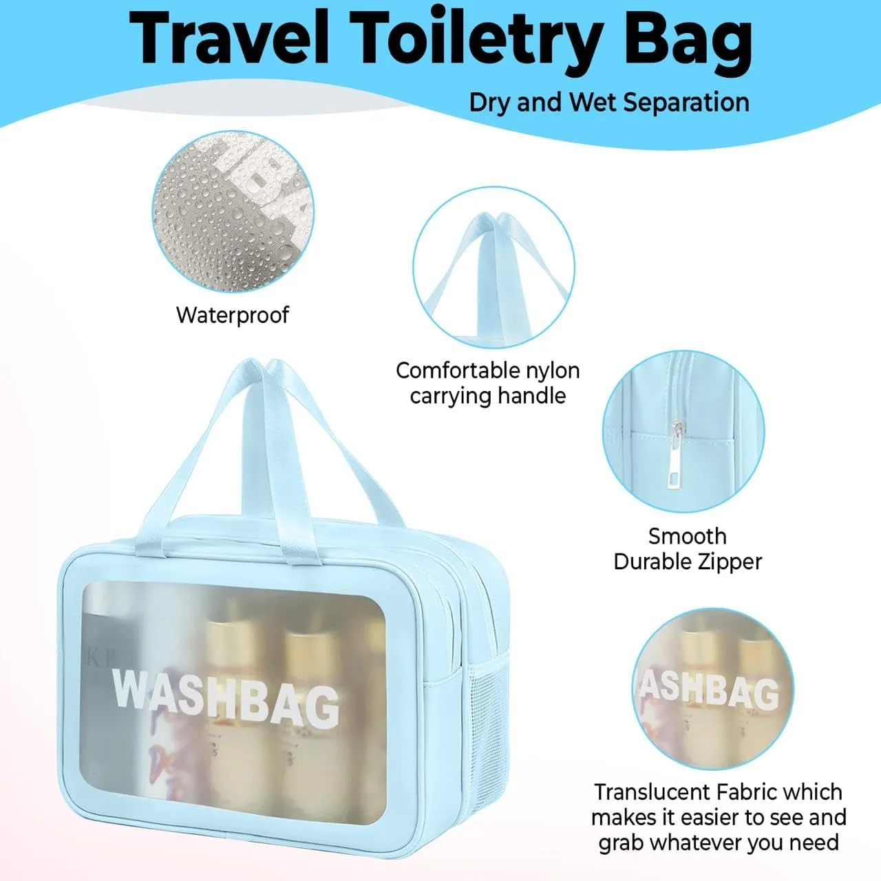 “Sky Blue Premium Waterproof Makeup Washbag - Portable Travel Cosmetic Organizer with Multi-Compartment Design for Women - Durable and Stylish Toiletry Bag for Beauty Essentials” (Sky blue)