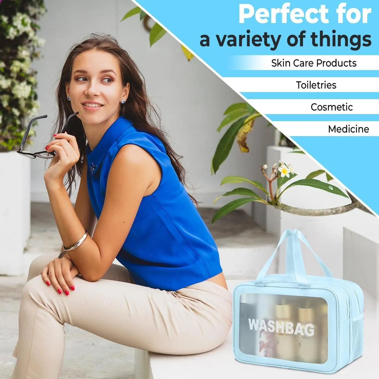 “Sky Blue Premium Waterproof Makeup Washbag - Portable Travel Cosmetic Organizer with Multi-Compartment Design for Women - Durable and Stylish Toiletry Bag for Beauty Essentials” (Sky blue)