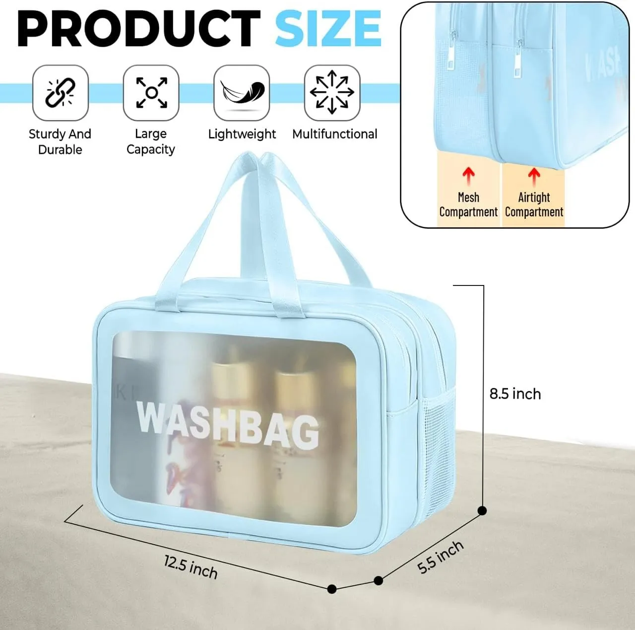 “Sky Blue Premium Waterproof Makeup Washbag - Portable Travel Cosmetic Organizer with Multi-Compartment Design for Women - Durable and Stylish Toiletry Bag for Beauty Essentials” (Sky blue)