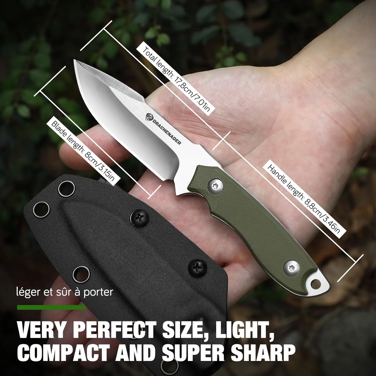 Small Fixed Blade Knife 7 inch Tactical Knife EDC D2 Steel with Kydex Sheath, G10 Handle, Clip Lock and Gift Box, Versatile for Horizontal and Vertical Carry