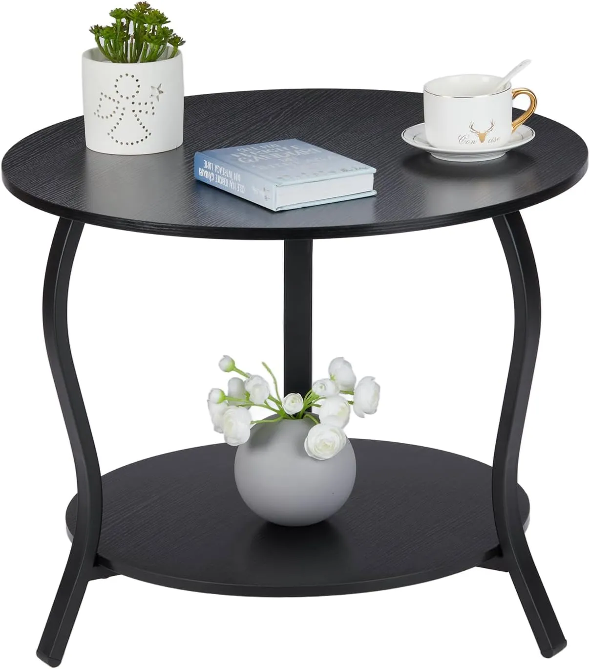 Small Round Coffee Table with Open Storage,23" 2-Tier Coffee Side Tables for Small Space, Accent Center Table Circle Sofa End Table with Wooden Table Top for Living Room Bedroom Apartment,Black