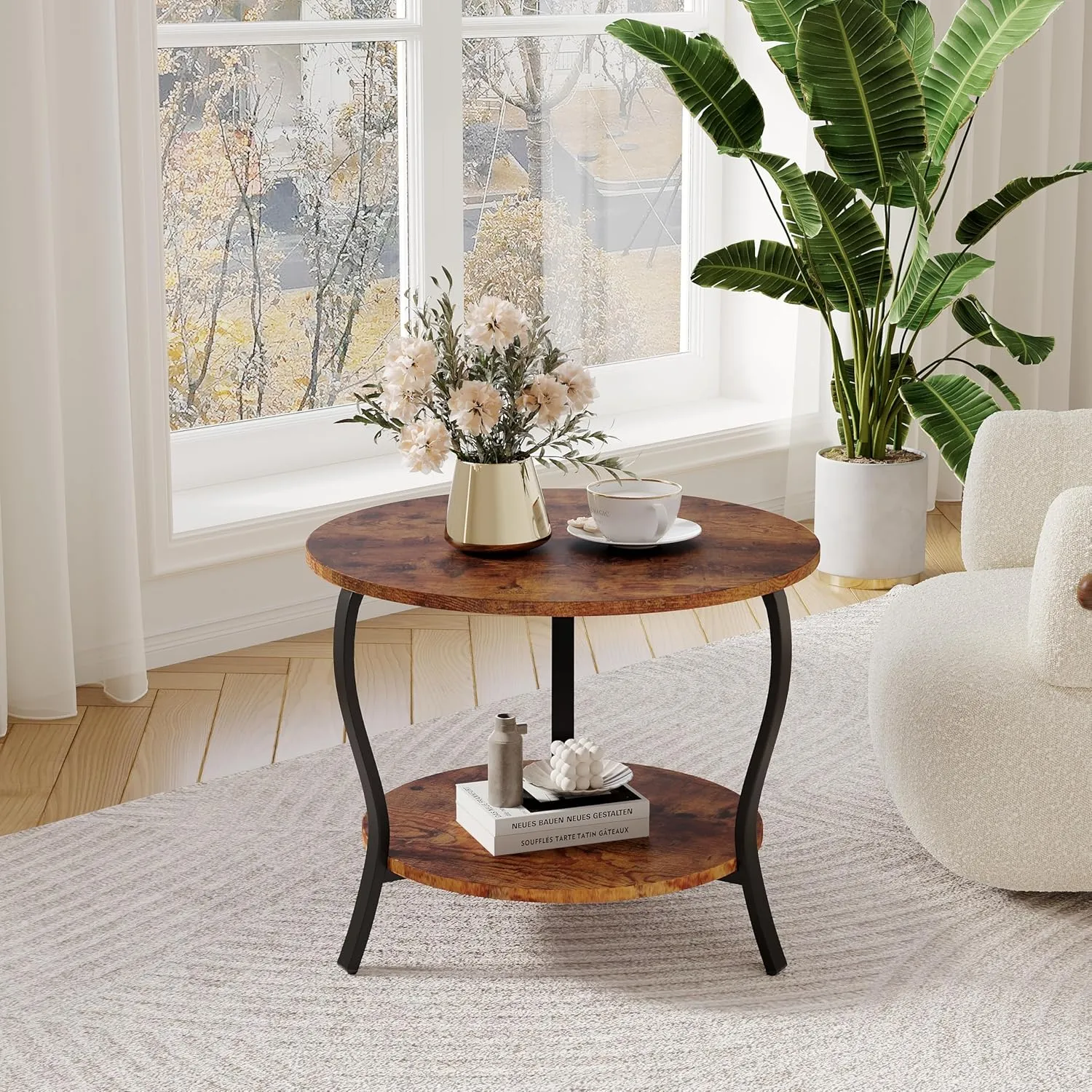 Small Round Coffee Table with Open Storage,23" 2-Tier Coffee Side Tables for Small Space, Accent Center Table Circle Sofa End Table with Wooden Table Top for Living Room Bedroom (Rustic Brown)