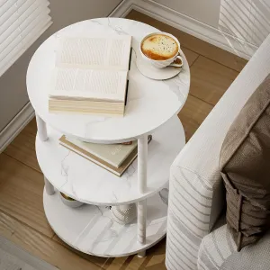 Small Round End Table - 3 Tier Design Accent Table, Narrow Side or Bedside Stand, Industrial Vintage Nightstand for Bedroom, Living Room, or Small Spaces, Marble White