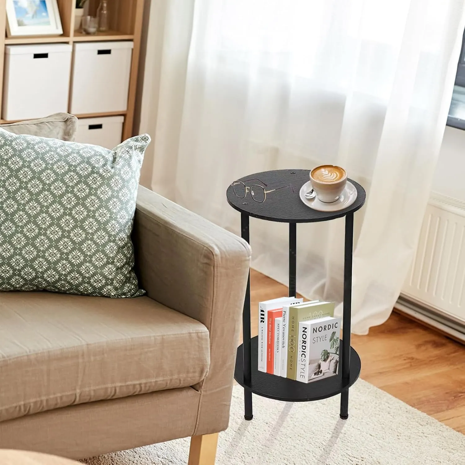 Small Round Side Table, Side Tables Living Room, Bedside Table Set of 2, Black End Table for Bedrooms, Small Side Table for Small Spaces, 2 Tiers Modern Side Table with Storage Shelf, Easy to Assemble