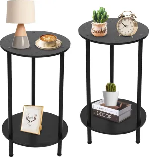 Small Round Side Table, Side Tables Living Room, Bedside Table Set of 2, Black End Table for Bedrooms, Small Side Table for Small Spaces, 2 Tiers Modern Side Table with Storage Shelf, Easy to Assemble