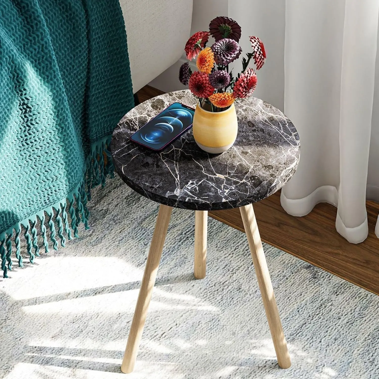 Small Round Side Tables for Living Room, Minimalist Circle Accent End Table Small Spaces Apartments, Modern Night Stand for Bedroom, Office, Nursery (Black Marble)