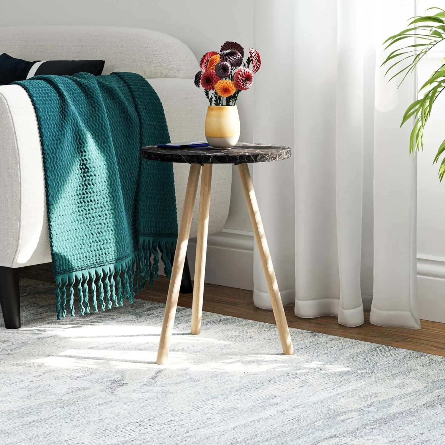 Small Round Side Tables for Living Room, Minimalist Circle Accent End Table Small Spaces Apartments, Modern Night Stand for Bedroom, Office, Nursery (Black Marble)