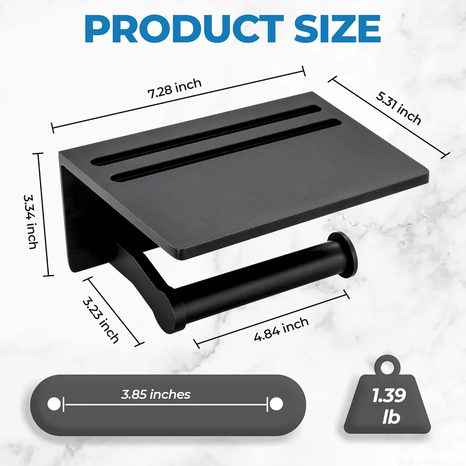 Smarthome Toilet Paper Holder with Shelf, Black Anti-Rust Aluminum Tissue Roll Holder with Mobile Phone Storage Shelf for Bathroom, 3M Self Adhesive No Drilling or Wall Mounted with Screws