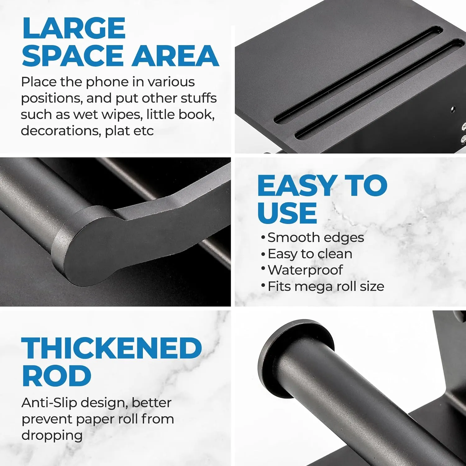 Smarthome Toilet Paper Holder with Shelf, Black Anti-Rust Aluminum Tissue Roll Holder with Mobile Phone Storage Shelf for Bathroom, 3M Self Adhesive No Drilling or Wall Mounted with Screws