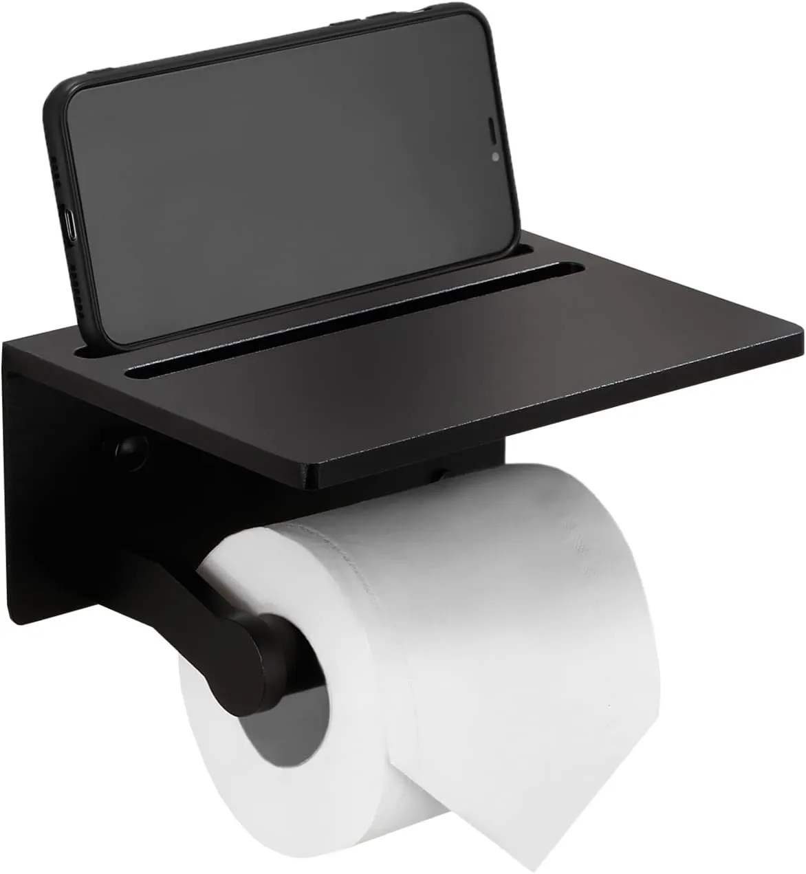 Smarthome Toilet Paper Holder with Shelf, Black Anti-Rust Aluminum Tissue Roll Holder with Mobile Phone Storage Shelf for Bathroom, 3M Self Adhesive No Drilling or Wall Mounted with Screws